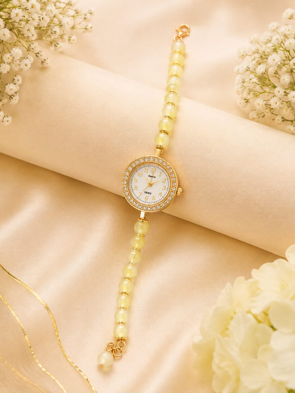 Elegant Pearl Beaded Wrist Watch for Women & Girls – Stylish Gold-Tone Bracelet Watch