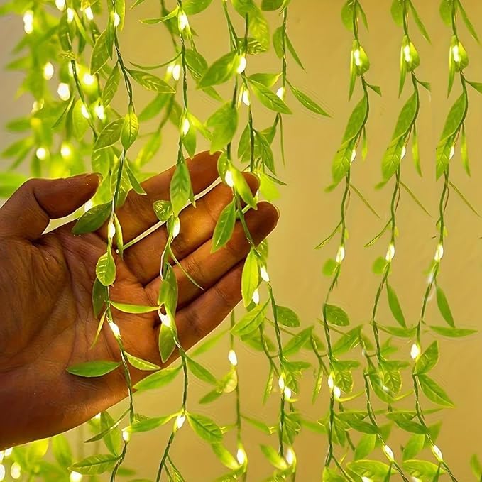 Green leaf Artificial Vine Leaf Curtain Light LED String Fake Greenery Garland Willow Leaves {Green } size-13*7*8