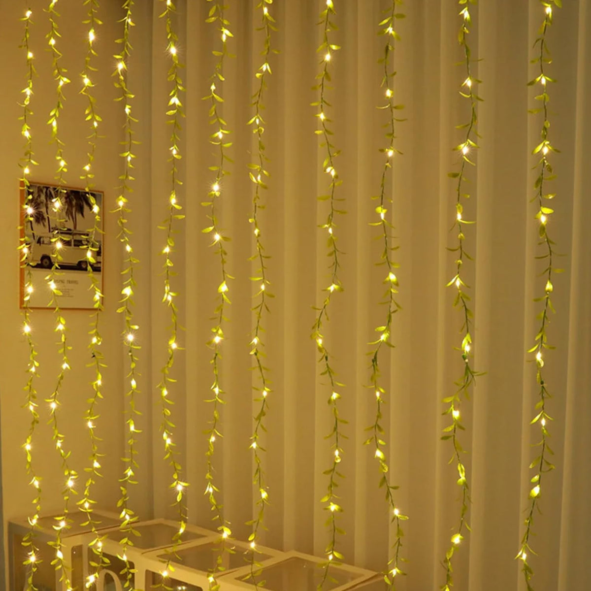 Green leaf Artificial Vine Leaf Curtain Light LED String Fake Greenery Garland Willow Leaves {Green } size-13*7*8