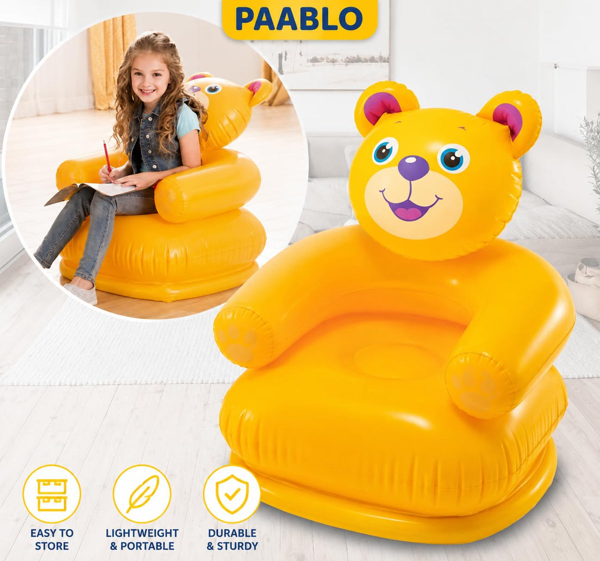 Inflatable Air Sofa Chair, Teddy Bear Design, Yellow, Portable with Carry Bag {Size-66*64*71cm}
