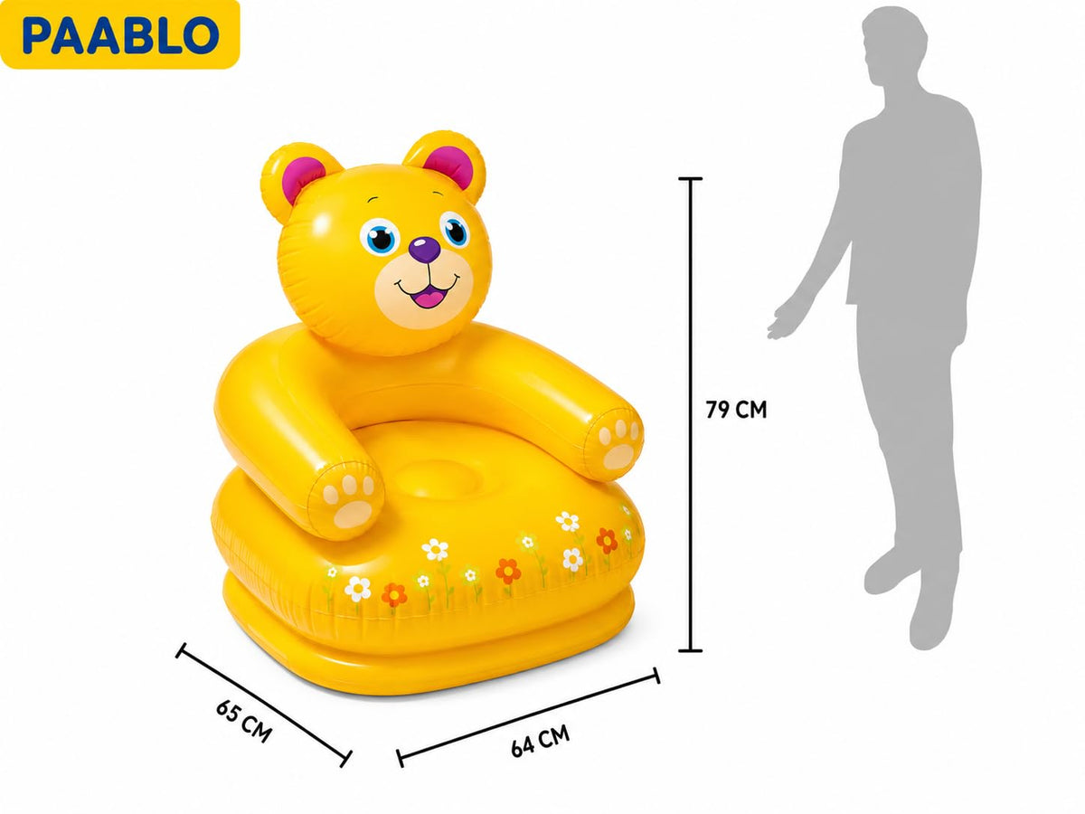 Inflatable Air Sofa Chair, Teddy Bear Design, Yellow, Portable with Carry Bag {Size-66*64*71cm}