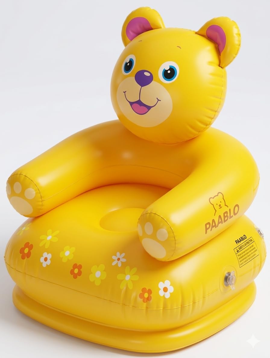 Inflatable Air Sofa Chair, Teddy Bear Design, Yellow, Portable with Carry Bag {Size-66*64*71cm}