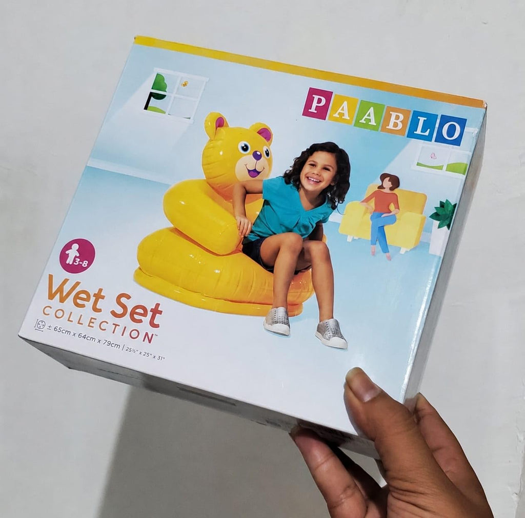 Inflatable Air Sofa Chair, Teddy Bear Design, Yellow, Portable with Carry Bag {Size-66*64*71cm}
