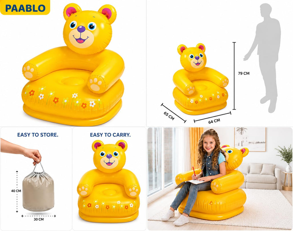 Inflatable Air Sofa Chair, Teddy Bear Design, Yellow, Portable with Carry Bag {Size-66*64*71cm}