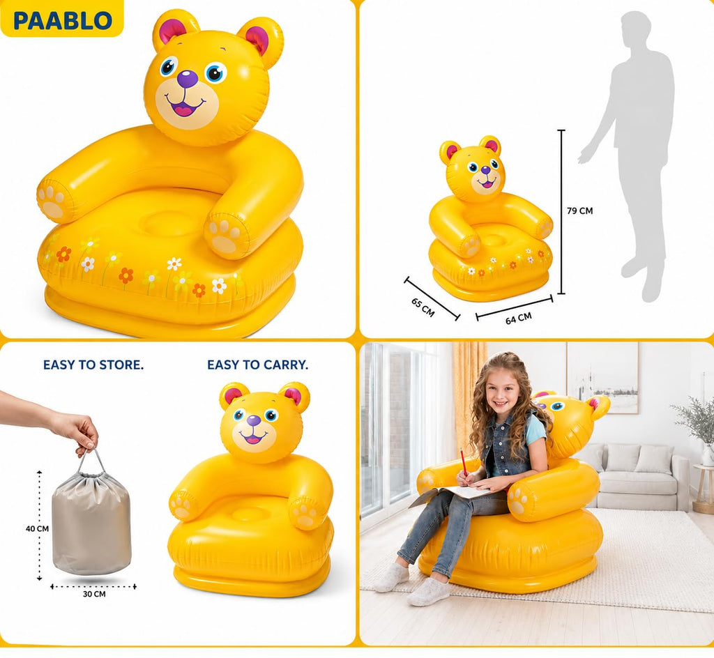 Inflatable Air Sofa Chair, Teddy Bear Design, Yellow, Portable with Carry Bag {Size-66*64*71cm}