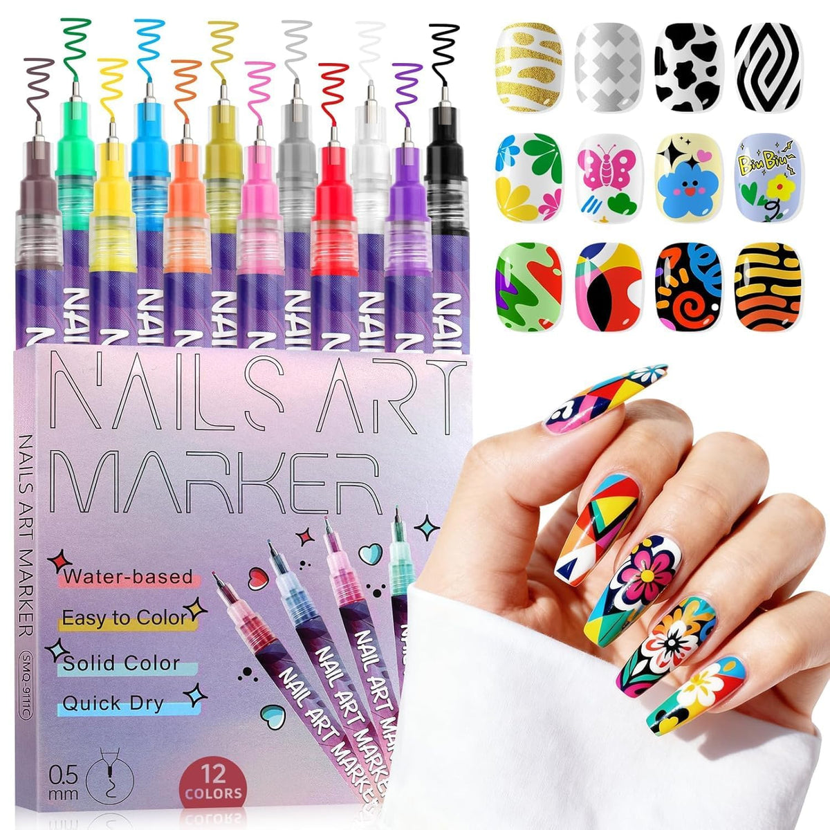 { 12 Color} Nail Art Pens Set, Nail Polish Pens 0.5MM Fine Tip Acrylic Paint Pen Nail Art Markers Quick-Dry Nail Art Tools for Dotting Drawing Painting DIY Nail Art Beauty Manicure - 21118