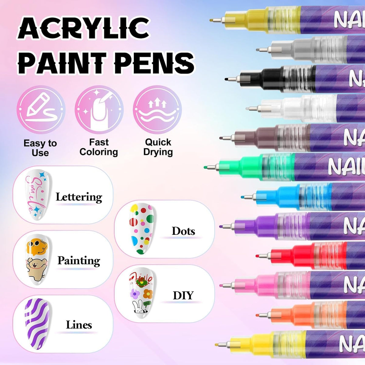 { 12 Color} Nail Art Pens Set, Nail Polish Pens 0.5MM Fine Tip Acrylic Paint Pen Nail Art Markers Quick-Dry Nail Art Tools for Dotting Drawing Painting DIY Nail Art Beauty Manicure - 21118