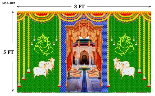 PJD-371 Backdropon Banana Leaf and Hanging Flower with Yellow Ganeshji Design Backdrop for Pooja Decoration Traditional/Background Curtain Cloth for Pooja/Festival Size 5 Feet Height and 8 Feet Width(5 * 8)
