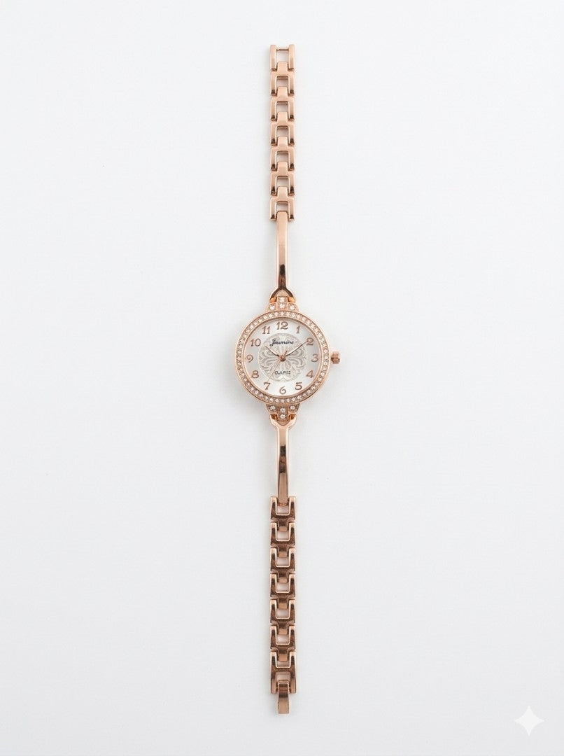 Random Design Rose Gold Plated Bracelet Watch for Women with Crystal Accented Link Strap