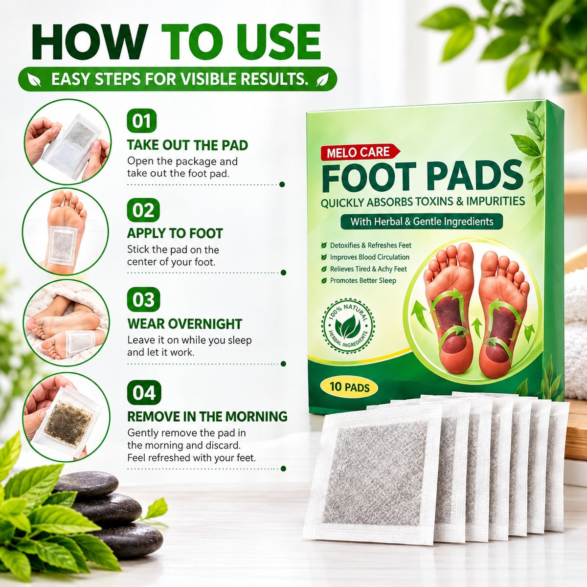 Foot Pads 5 Days Detox Treatment Contain 10 Patches  Patch for Sleep Aid & Relaxation Herbal Natural Bamboo Vinegar Pads with Gentle Ingredients for Pain Relief, Foot Freshness, Toxin Removal & Massage Therapy