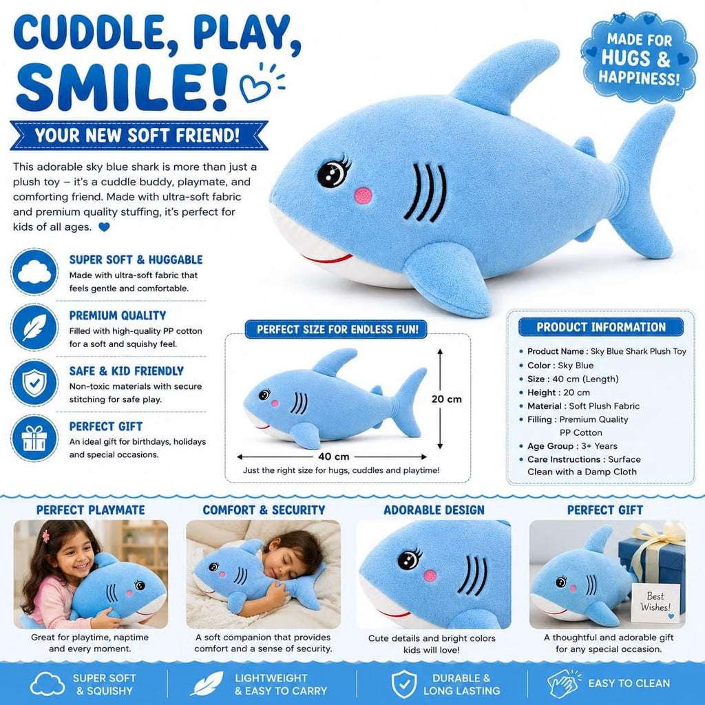 Cute Shark Plush Soft Toy for Kids 40CM | Soft Stuffed Shark Animal Pillow Toy | Hugable Sea Animal Plush Doll for Boys Girls Birthday Gift