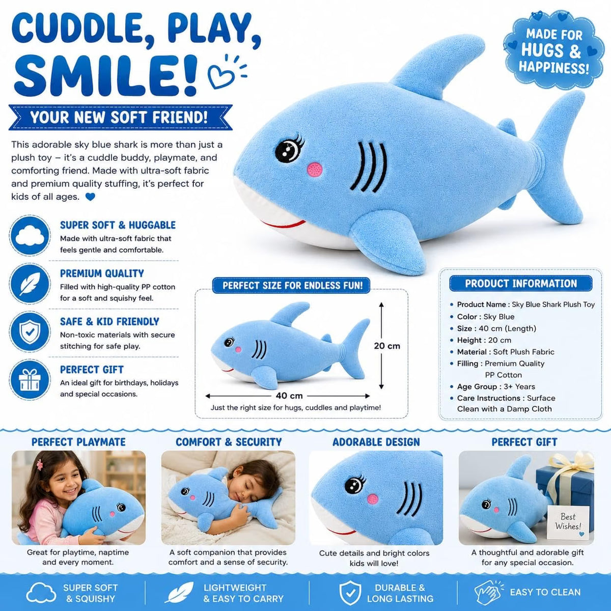 Cute Shark Plush Soft Toy for Kids 40CM | Soft Stuffed Shark Animal Pillow Toy | Hugable Sea Animal Plush Doll for Boys Girls Birthday Gift