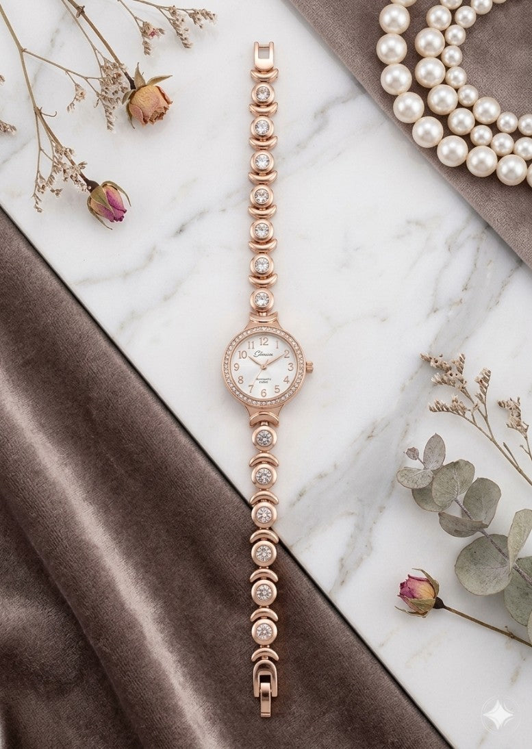 Random Design Rose Gold Plated Bracelet Watch for Women with Crystal Accented Link Strap