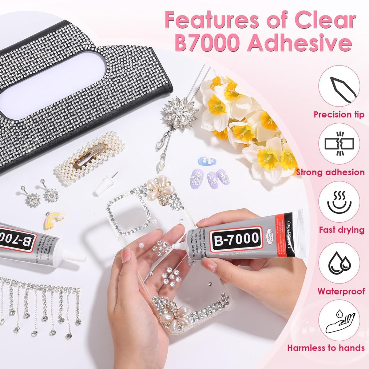 B-7000 Industrial Strength Adhesive Glue 50ml with Precision Tip, Multi-Purpose Clear Glue for Mobile Phone, Rhinestones, Crafts, Shoes, Fabric, Jewelry, Aari Work, Beads