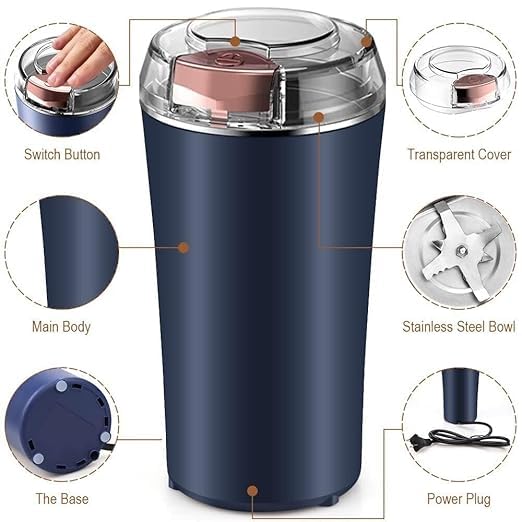 Stainless Steel Dry Mixer Grinder | Portable Electric Masala & Coffee Bean Grinder | Mini Spice Blender with One-Touch Push Button Control for Kitchen & Home Use - 21304
