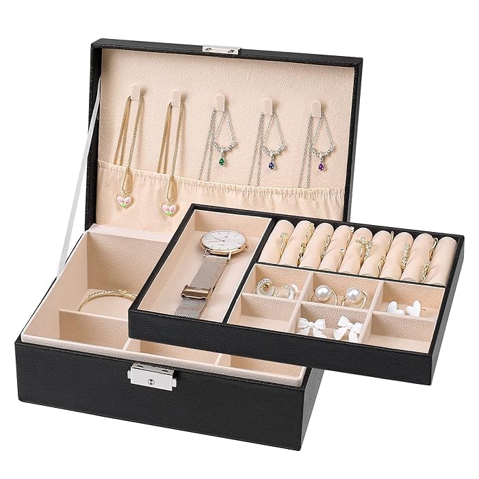 Leather Double Layer Jewelry Box with Wooden Frame Women Cosmetics Storage for Rings Necklace Earrings Bracelets Jewelry Storage Box Organizer Travel with Lock for Women - 21306