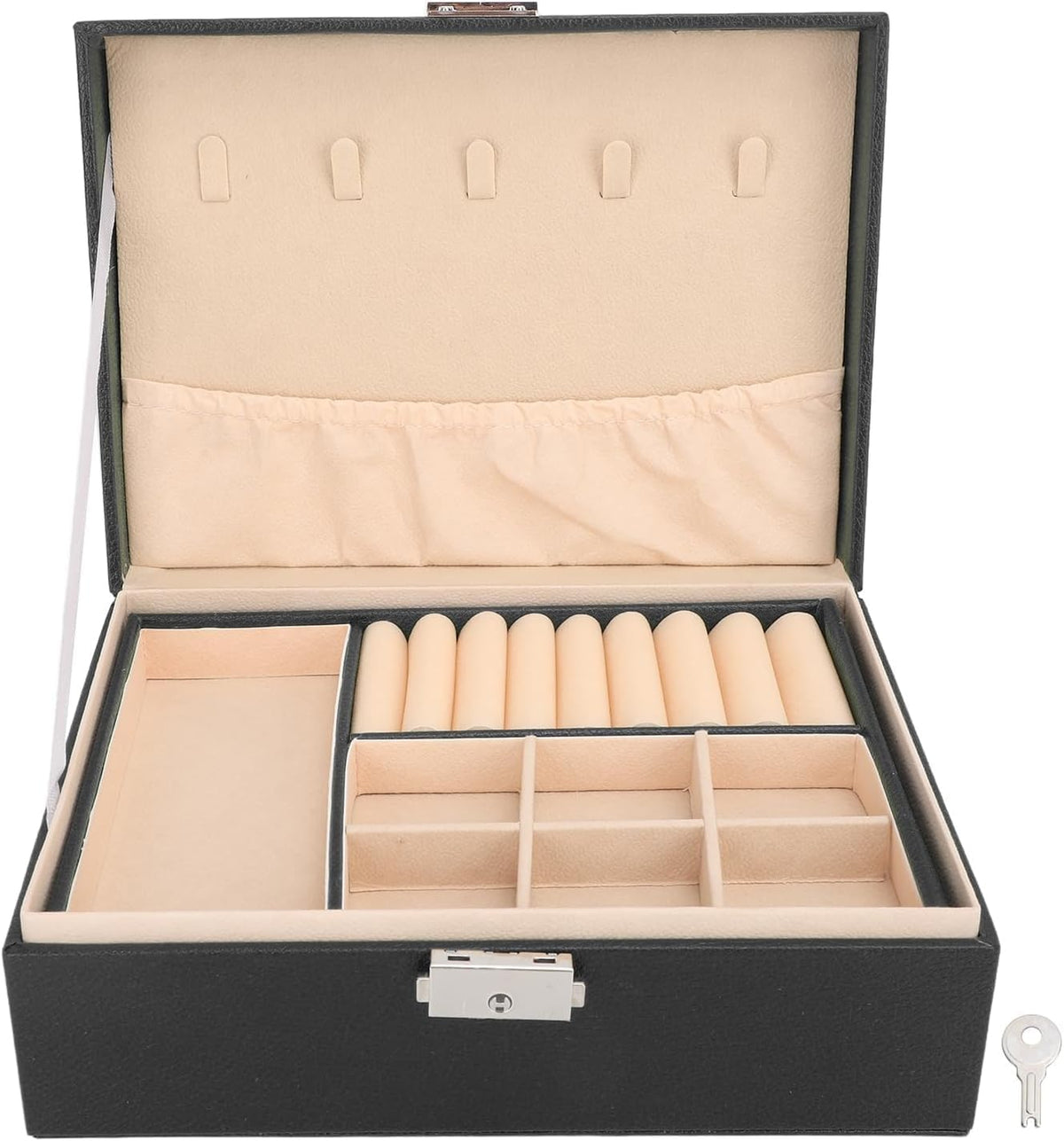 Leather Double Layer Jewelry Box with Wooden Frame Women Cosmetics Storage for Rings Necklace Earrings Bracelets Jewelry Storage Box Organizer Travel with Lock for Women - 21306