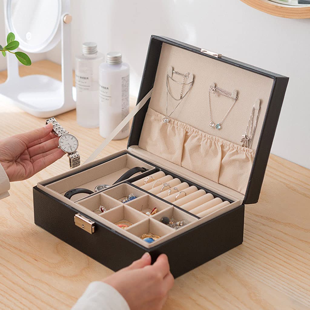 Leather Double Layer Jewelry Box with Wooden Frame Women Cosmetics Storage for Rings Necklace Earrings Bracelets Jewelry Storage Box Organizer Travel with Lock for Women - 21306