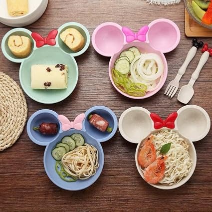 Mickey Mouse Shaped Plates for Kids, Eco Friendly Bamboo Fiber Dinner Set for Weaning Kids, Dinner Dish Gift Sets with Spoon, Fork