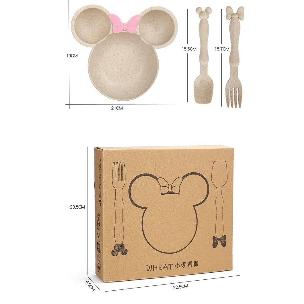 Mickey Mouse Shaped Plates for Kids, Eco Friendly Bamboo Fiber Dinner Set for Weaning Kids, Dinner Dish Gift Sets with Spoon, Fork