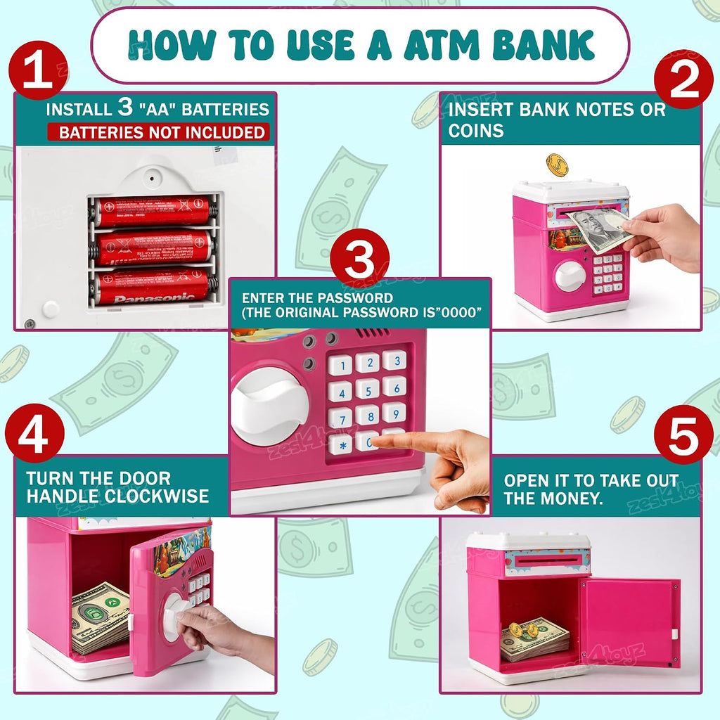 Zest 4 Toyz Money Piggy Bank Toy for Kids Gullak Money Safe with Number Password Money Saving Mini ATM Toy with Lights and Sound Money Bank for Kids
