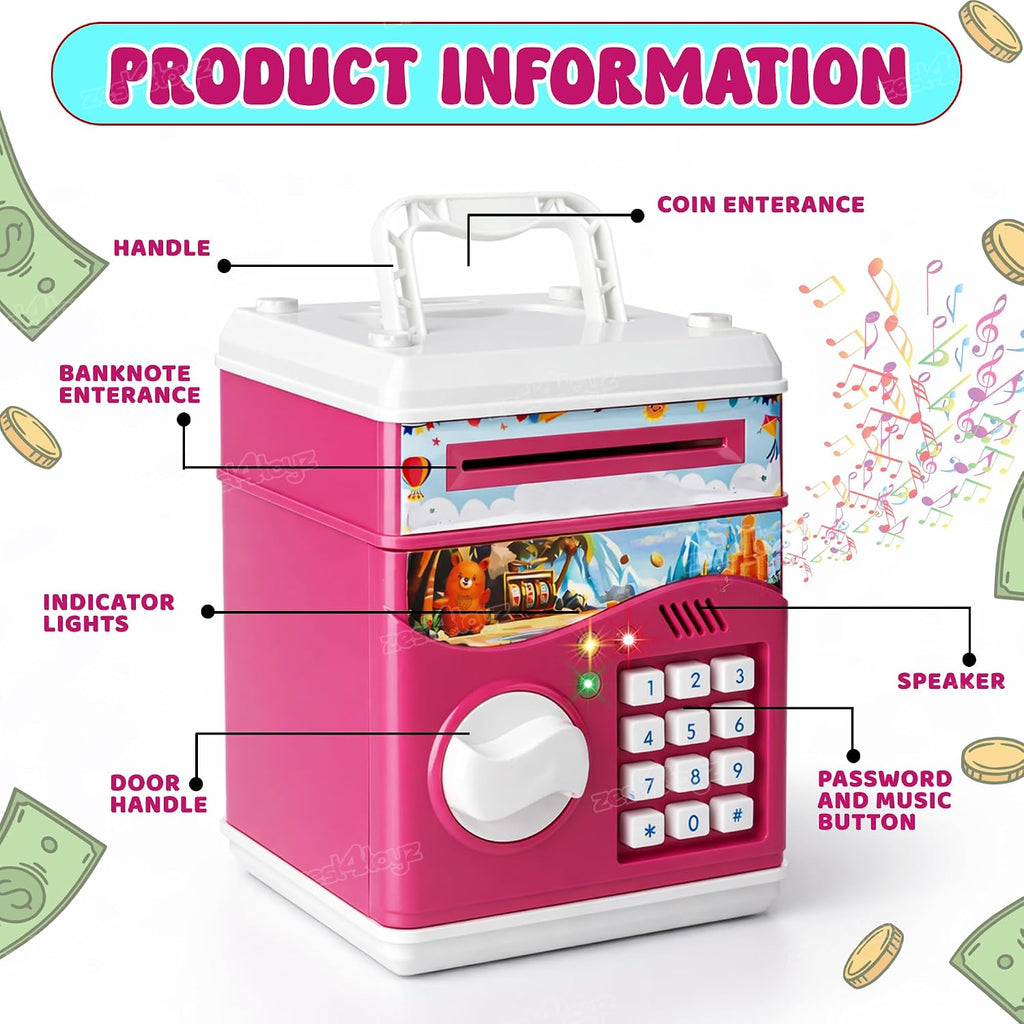 Zest 4 Toyz Money Piggy Bank Toy for Kids Gullak Money Safe with Number Password Money Saving Mini ATM Toy with Lights and Sound Money Bank for Kids