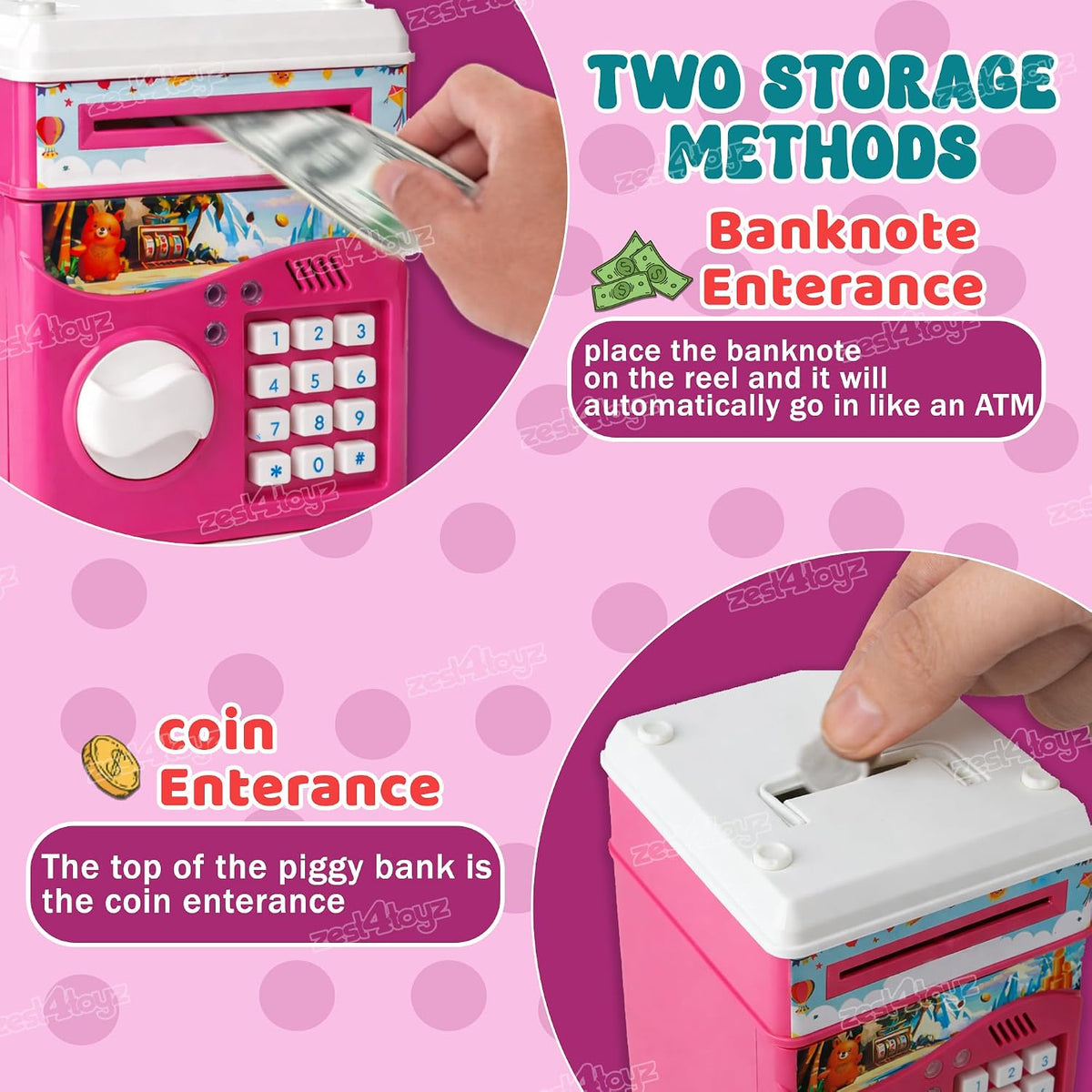 Zest 4 Toyz Money Piggy Bank Toy for Kids Gullak Money Safe with Number Password Money Saving Mini ATM Toy with Lights and Sound Money Bank for Kids - 10514