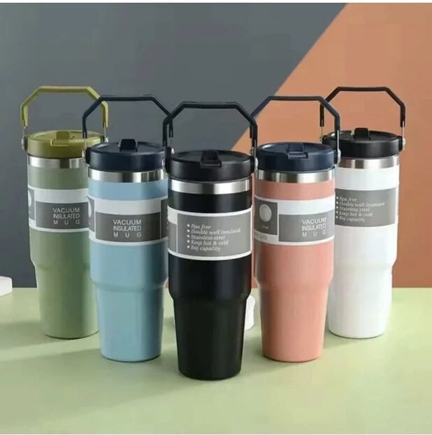 Insulated Travel Tumbler, Stainless Steel, Ergonomic Handle, Straw Lid, Vacuum Insulated for Hot and Cold Drinks, Outdoor Adventure Mug