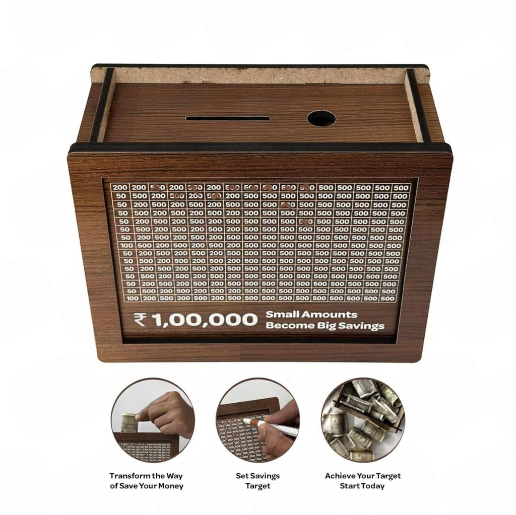 Money Box with Carved Design, Wooden Piggy Bank