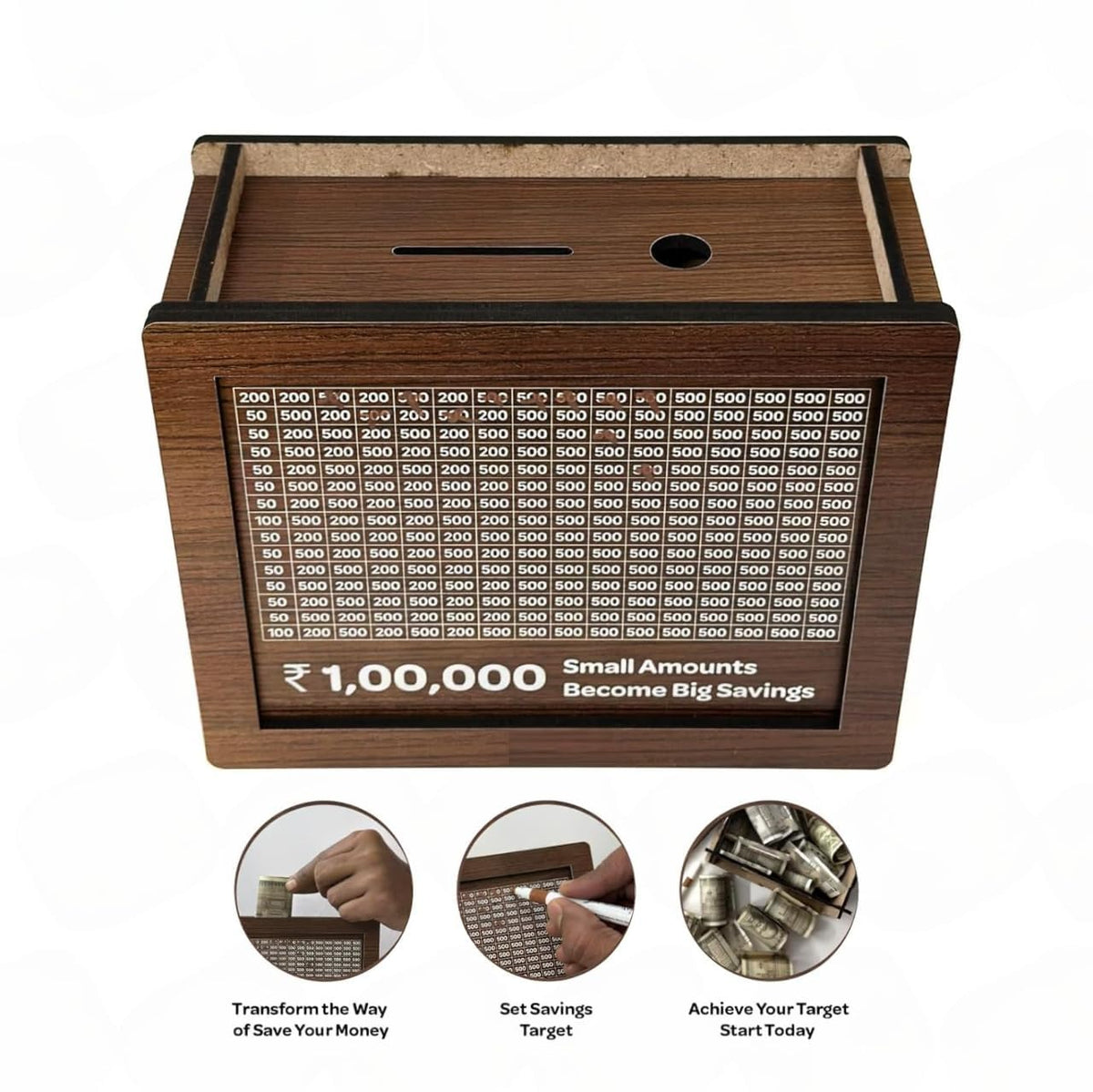 Money Box with Carved Design, Wooden Piggy Bank