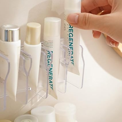 Wall Mounted Cosmetic Organizer, 4-Grid Storage Caddy for Bathroom, No-Drill Plastic Storage Rack for Skincare, Toothpaste, Hand Cream, Stationery