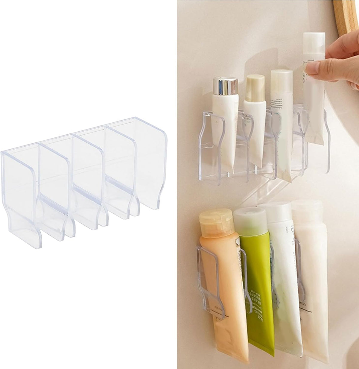 Wall Mounted Cosmetic Organizer, 4-Grid Storage Caddy for Bathroom, No-Drill Plastic Storage Rack for Skincare, Toothpaste, Hand Cream, Stationery