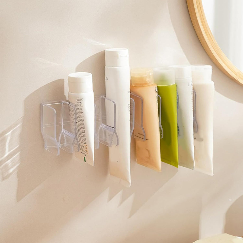 Wall Mounted Cosmetic Organizer, 4-Grid Storage Caddy for Bathroom, No-Drill Plastic Storage Rack for Skincare, Toothpaste, Hand Cream, Stationery