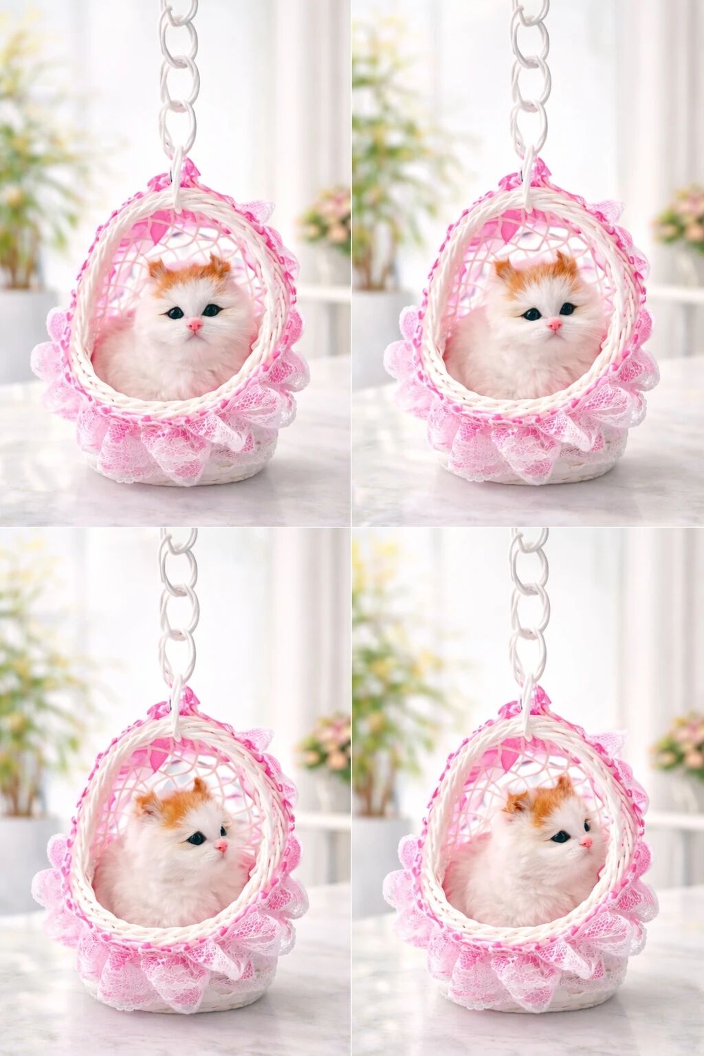 Fluffy Cat With Sound Plush Figurine in Hanging Basket, with Colorful Lights & Music White, Soft Plush Material, with ON/Off Sound Feature, Home Decor Accent