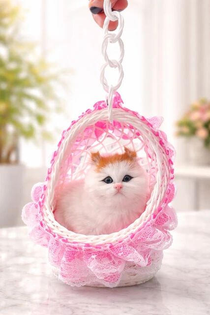 Fluffy Cat With Sound Plush Figurine in Hanging Basket, with Colorful Lights & Music White, Soft Plush Material, with ON/Off Sound Feature, Home Decor Accent
