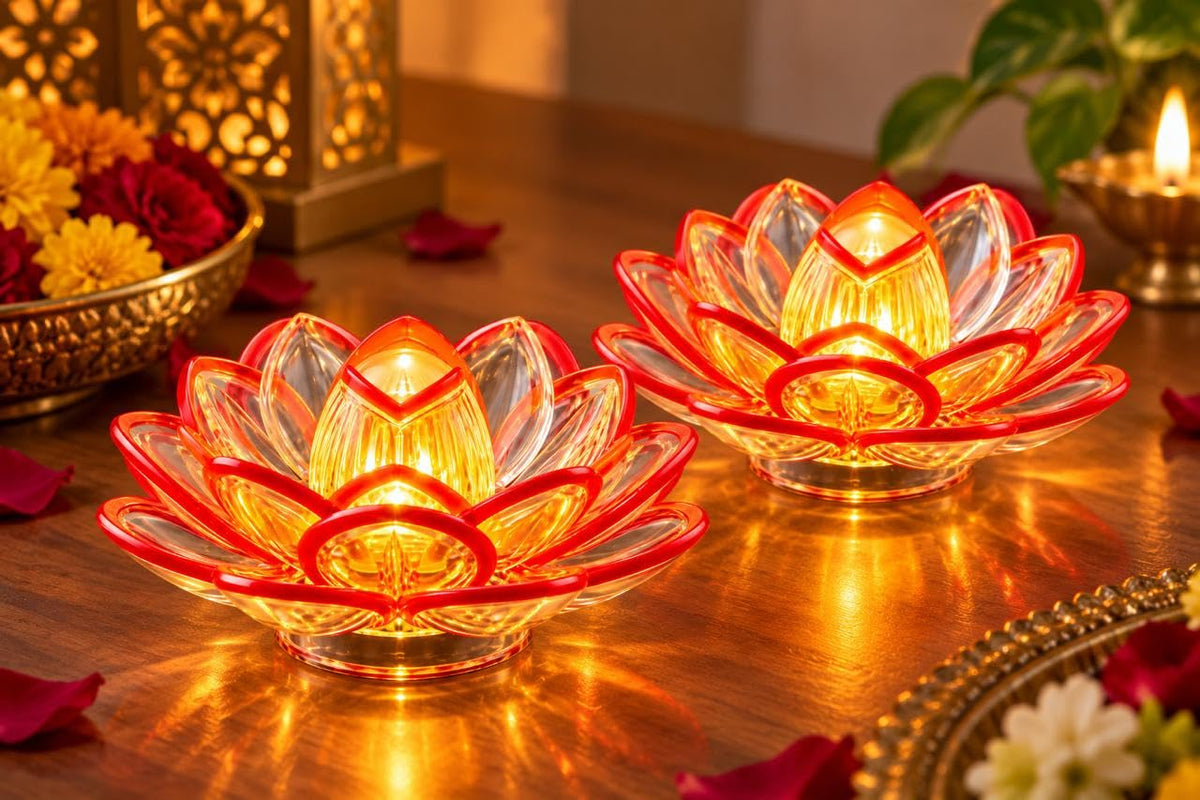 Transparent Flower LED Tea Light Candles Flameless Smokeless Battery Operated Decorative Diya Lights | Lotus Flower Shape for Diwali, Pooja, Home Decor & Festivals - 21376