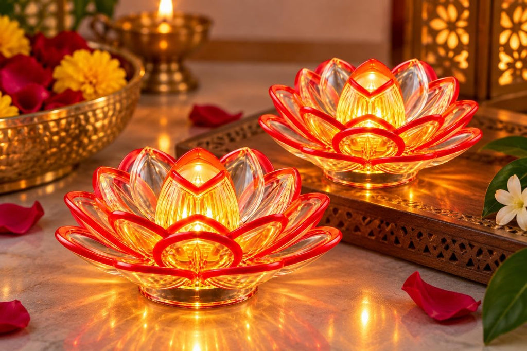 Transparent Flower LED Tea Light Candles Flameless Smokeless Battery Operated Decorative Diya Lights | Lotus Flower Shape for Diwali, Pooja, Home Decor & Festivals - 21376