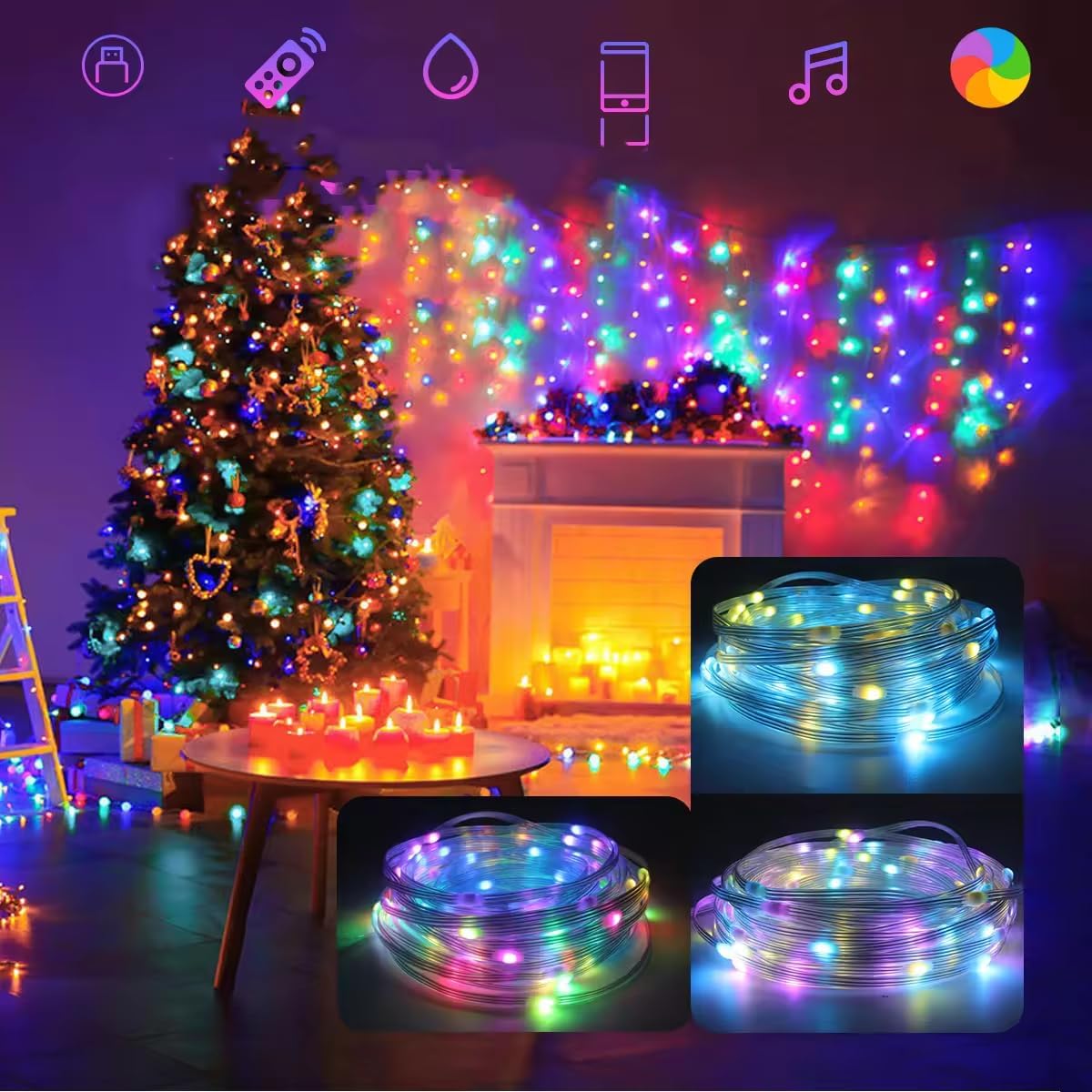 Smart Fairy Light String  White Wire Music Bluetooth Mesh App  Remote DIY Control Sync Color Chasing  Multicolor, Led