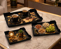 Premium Serving Tray Set of 3, Black with Golden Floral Design, Small, Medium & Large, Multipurpose for Tea, Coffee, Snacks