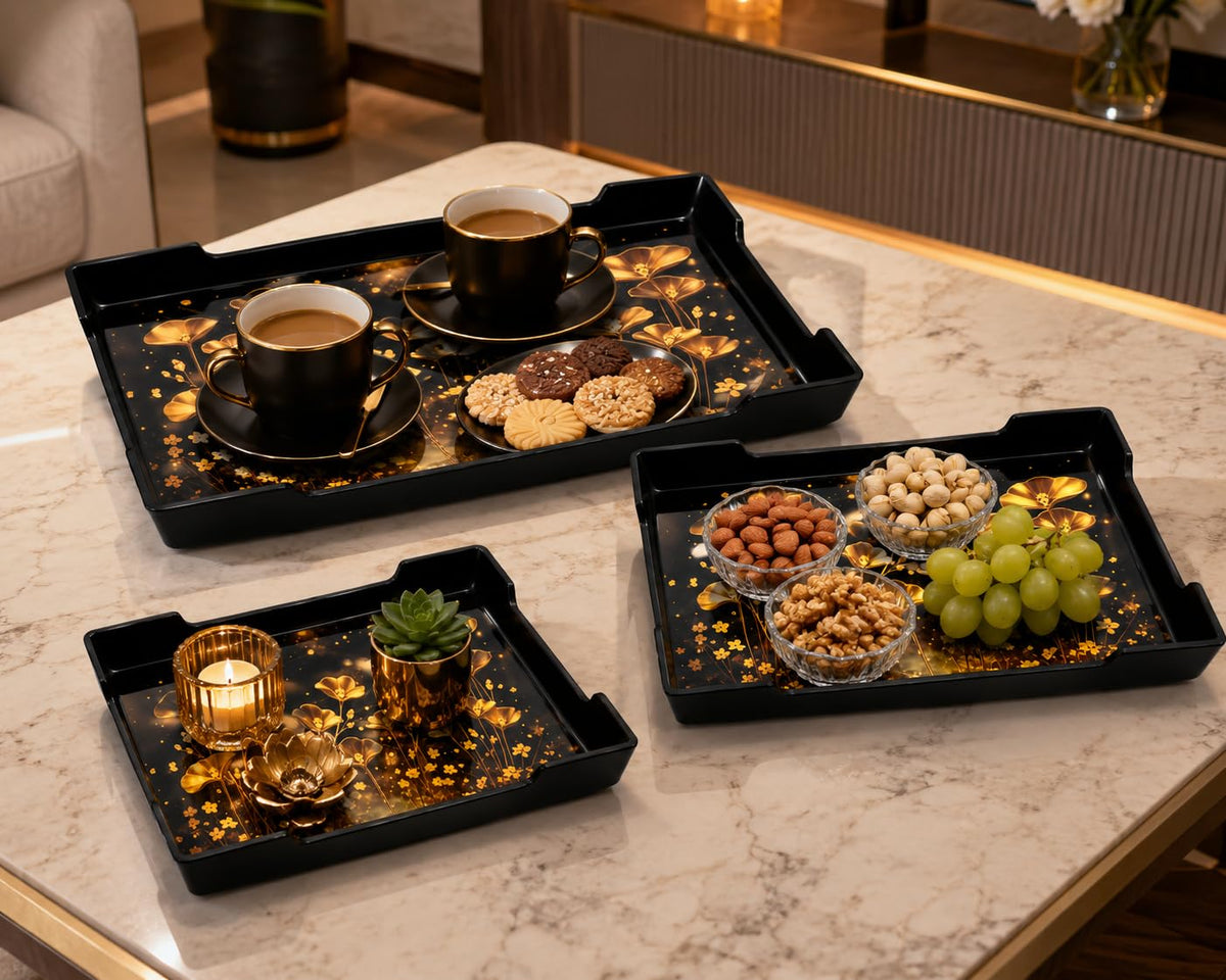 Premium Serving Tray Set of 3, Black with Golden Floral Design, Small, Medium & Large, Multipurpose for Tea, Coffee, Snacks