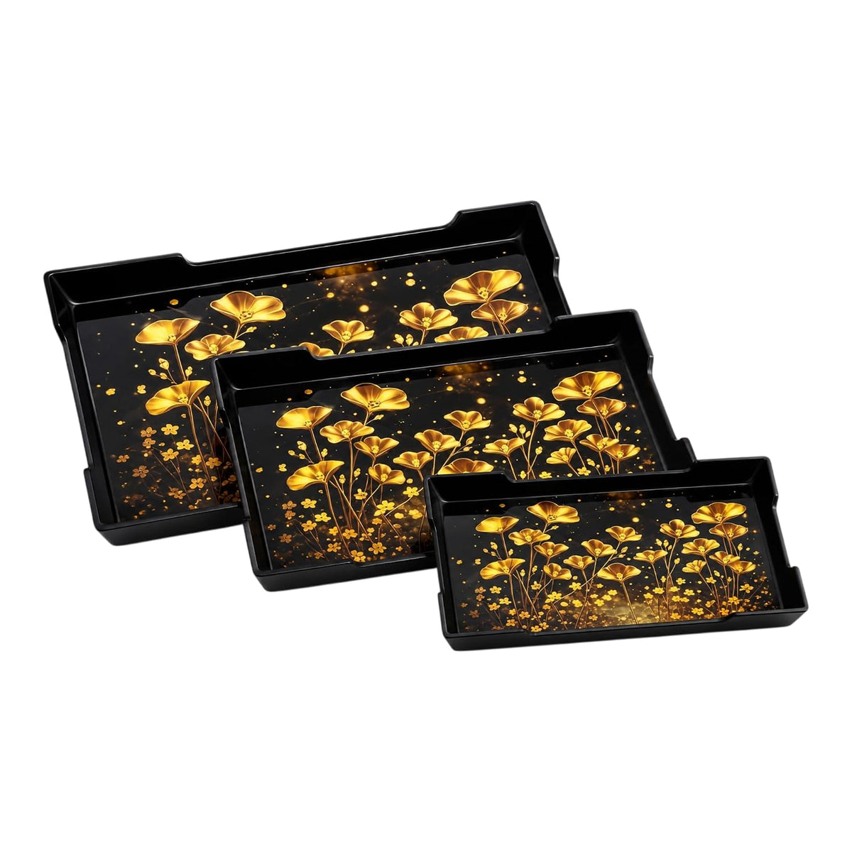 Premium Serving Tray Set of 3, Black with Golden Floral Design, Small, Medium & Large, Multipurpose for Tea, Coffee, Snacks