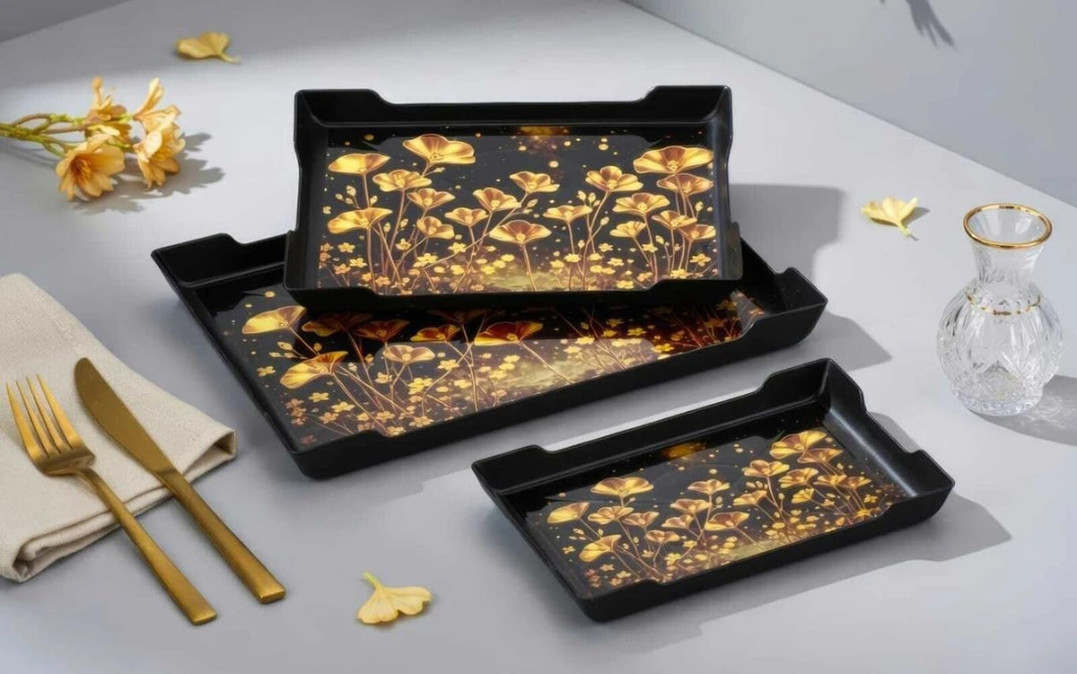 Premium Serving Tray Set of 3, Black with Golden Floral Design, Small, Medium & Large, Multipurpose for Tea, Coffee, Snacks