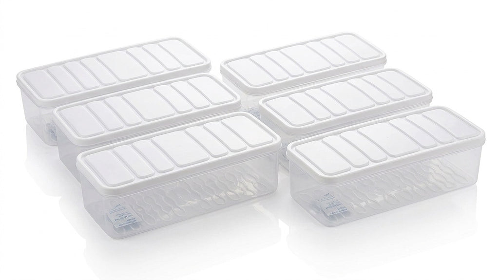 Set of 6 Food Storage Containers Plastic - Transparent Kitchen Storage Boxes with Lid, Stackable Fridge Organizer for Vegetables, Fruits & Grocery Storage