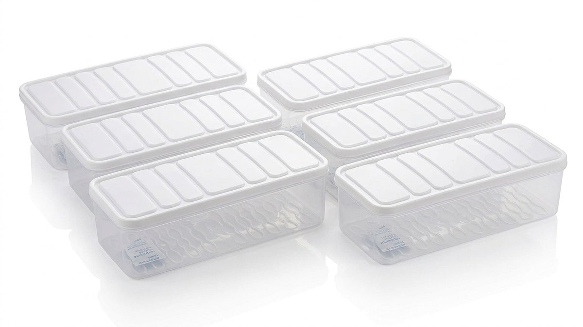 Set of 6 Food Storage Containers Plastic - Transparent Kitchen Storage Boxes with Lid, Stackable Fridge Organizer for Vegetables, Fruits & Grocery Storage
