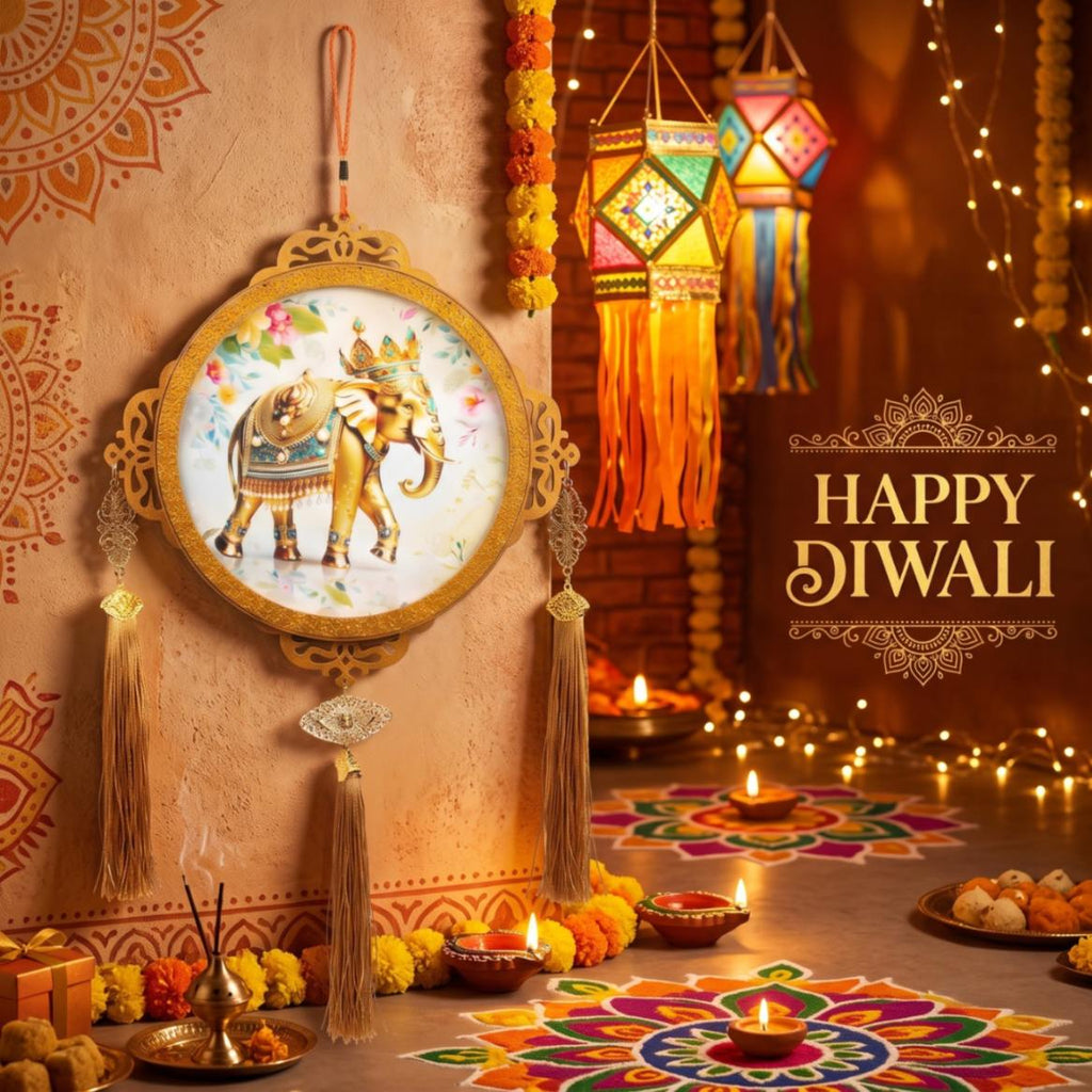Round LED Royal Elephant Wall Hanging (Jhumar / Lighted Frame),