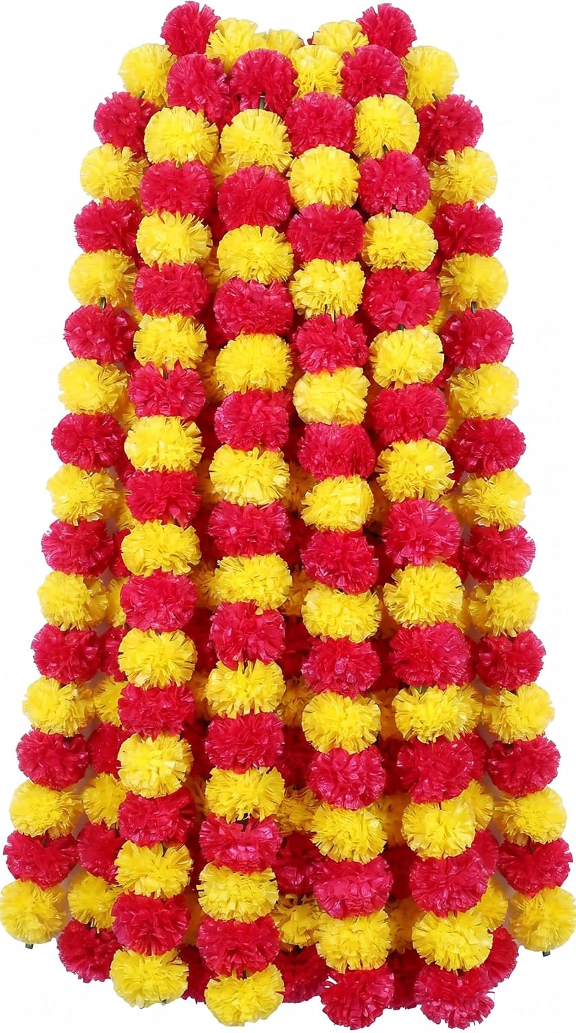 {5 Pcs} Artificial Marigold Garland (5 ft 7 inch) Red Yellow Genda Phool Mala for Mandir, Door, Wall Hanging Diwali Wedding Decoration