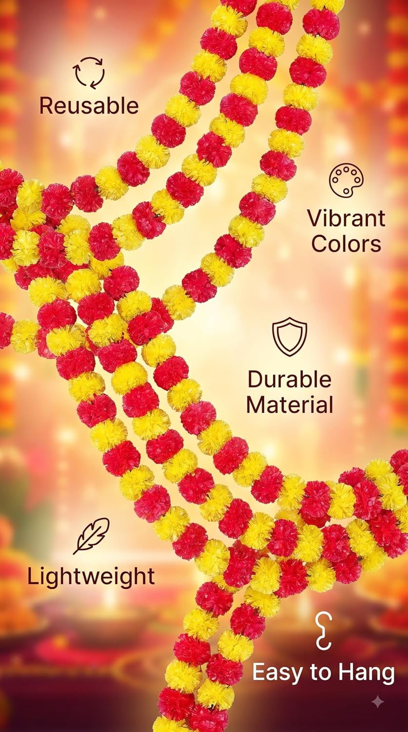 {5 Pcs} Artificial Marigold Garland (5 ft 7 inch) Red Yellow Genda Phool Mala for Mandir, Door, Wall Hanging Diwali Wedding Decoration