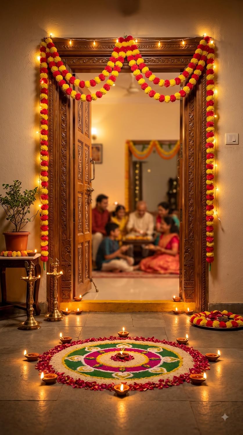 {5 Pcs} Artificial Marigold Garland (5 ft 7 inch) Red Yellow Genda Phool Mala for Mandir, Door, Wall Hanging Diwali Wedding Decoration