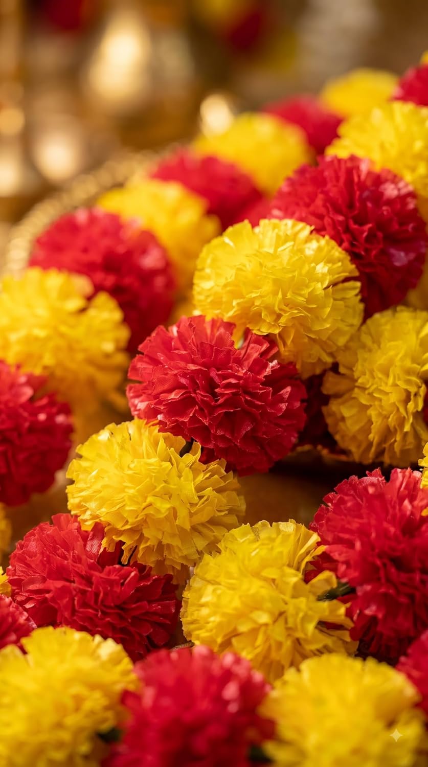 {5 Pcs} Artificial Marigold Garland (5 ft 7 inch) Red Yellow Genda Phool Mala for Mandir, Door, Wall Hanging Diwali Wedding Decoration