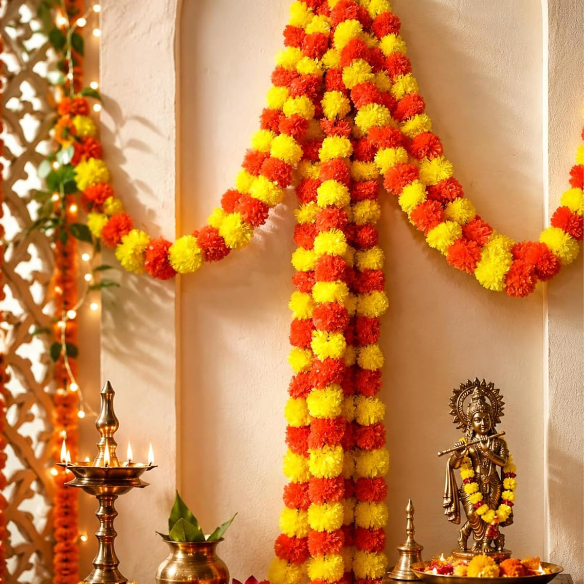 Artificial Handmade 5 Pcs Marigold Flower Garland for Decoration| Reusable Long Genda Phool Mala for Diwali, Navratri, Durga Pooja & Festival